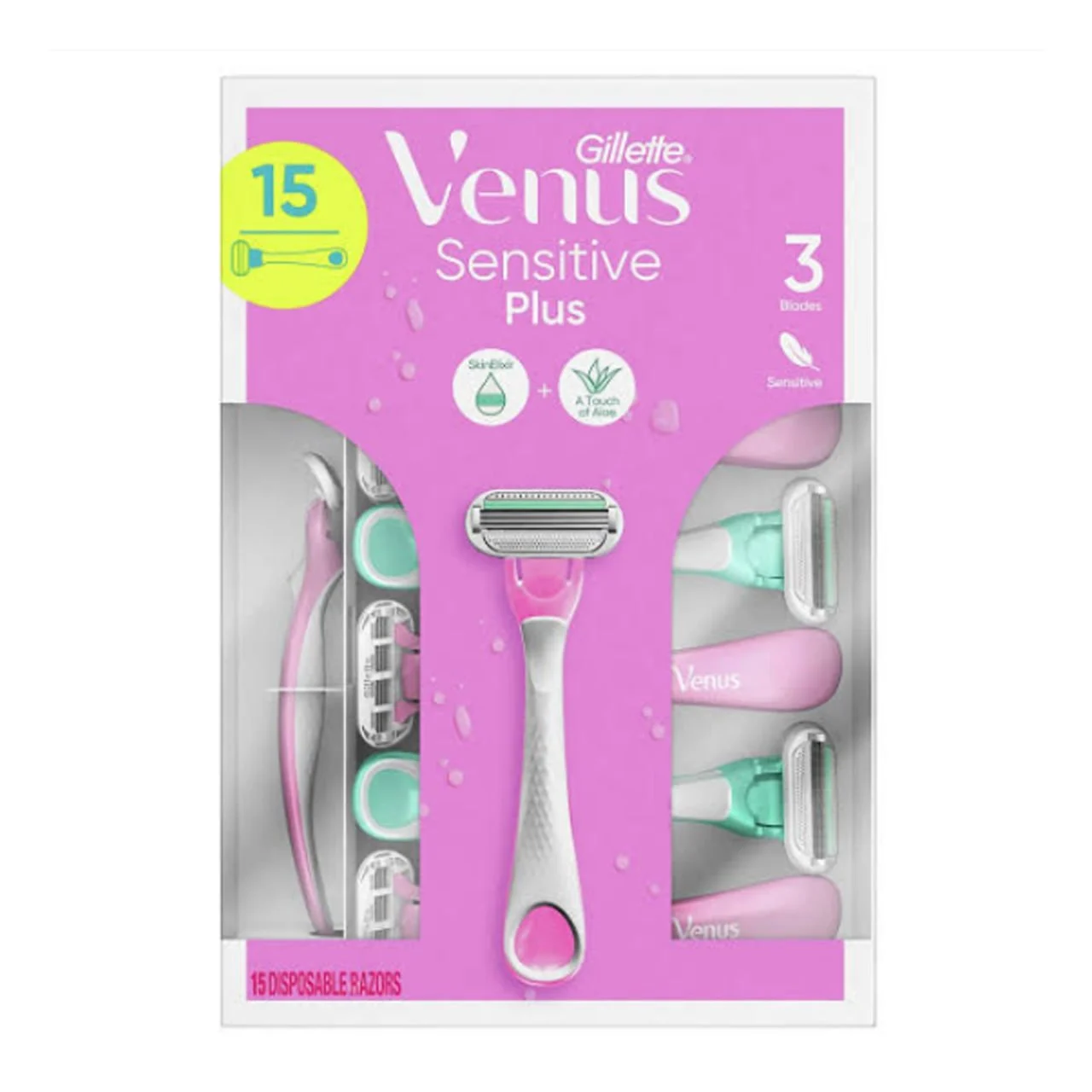 تیغ اصلاح زنانه ژیلت ونوس Sensitive Plus | مخصوص پوست حساس، بسته ۱۵ عددی | Gillette Venus Sensitive Plus Disposable Razors – 15 Count