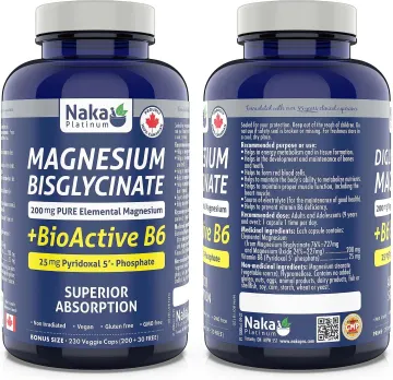 Naka Platinum Magnesium Bisglycinate + BioActive B6 200mg + 25mg, 230 Veggie Caps - مکمل منیزیم بیسگلیسینات و ویتامین B6 ناکا پلاتینیوم 200 میلیگرم + 25 میلی