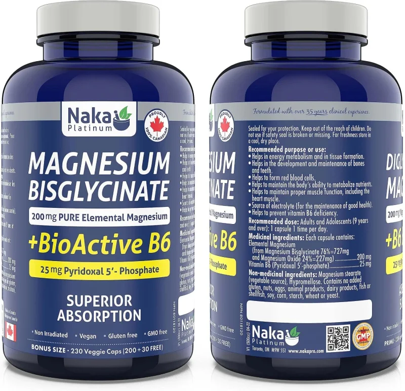 Naka Platinum Magnesium Bisglycinate + BioActive B6 200mg + 25mg, 230 Veggie Caps - مکمل منیزیم بیس‌گلیسینات و ویتامین B6 ناکا پلاتینیوم 200 میلی‌گرم + 25 میلی‌